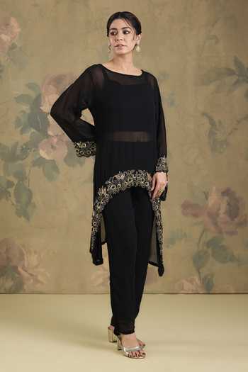 Shop_Studio A_Black Georgette Boat , Square Placement Embroidered Kurta And Pant Set _Online_at_Aza_Fashions