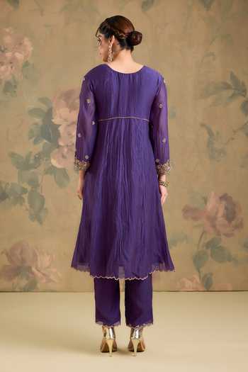 Shop_Studio A_Purple Chanderi V-neck, Yes Embroidered Kurta Set _at_Aza_Fashions