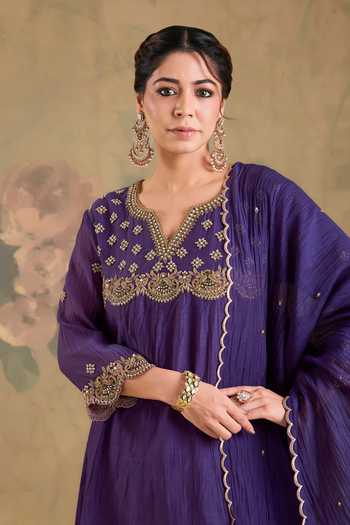 Shop_Studio A_Purple Chanderi V-neck, Yes Embroidered Kurta Set _Online_at_Aza_Fashions