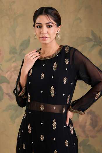 Studio A_Black Georgette Round Neck Bead Embroidered Kurta And Pant Set _Online_at_Aza_Fashions