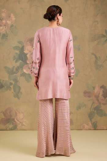 Shop_Studio A_Pink Silk, Organza, Georgette Round Neck Embroidered Short Kurta Gharara Set _at_Aza_Fashions