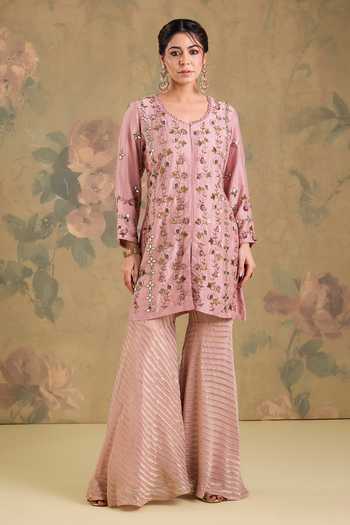 Studio A_Pink Silk, Organza, Georgette Round Neck Embroidered Short Kurta Gharara Set _Online_at_Aza_Fashions