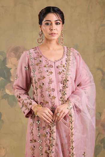 Shop_Studio A_Pink Silk, Organza, Georgette Round Neck Embroidered Short Kurta Gharara Set _Online_at_Aza_Fashions