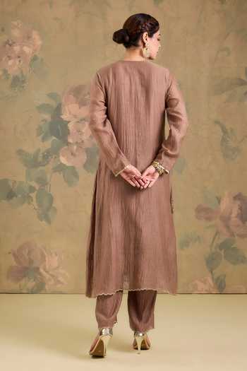Shop_Studio A_Brown Chanderi V-neck Pleated Embroidered Anarkali Set _at_Aza_Fashions