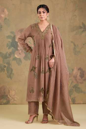 Buy_Studio A_Brown Chanderi V-neck Pleated Embroidered Anarkali Set _at_Aza_Fashions