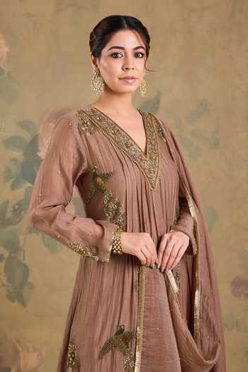 Buy_Studio A_Brown Chanderi V-neck Pleated Embroidered Anarkali Set _Online_at_Aza_Fashions