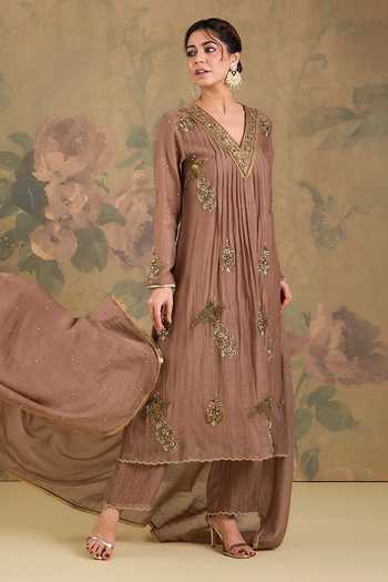 Shop_Studio A_Brown Chanderi V-neck Pleated Embroidered Anarkali Set _Online_at_Aza_Fashions