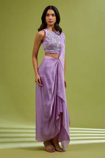 Buy_Ewoke_Purple Georgette, Satin Round Neck Pre-draped Saree With Embellished Blouse _Online_at_Aza_Fashions