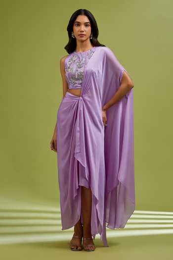 Shop_Ewoke_Purple Georgette, Satin Round Neck Pre-draped Saree With Embellished Blouse _at_Aza_Fashions