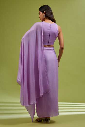 Ewoke_Purple Georgette, Satin Round Neck Pre-draped Saree With Embellished Blouse _Online_at_Aza_Fashions