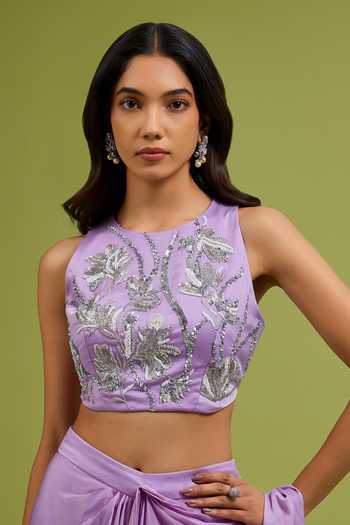 Shop_Ewoke_Purple Georgette, Satin Round Neck Pre-draped Saree With Embellished Blouse _Online_at_Aza_Fashions