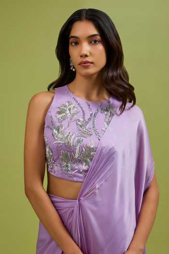 Ewoke_Purple Georgette, Satin Round Neck Pre-draped Saree With Embellished Blouse _at_Aza_Fashions