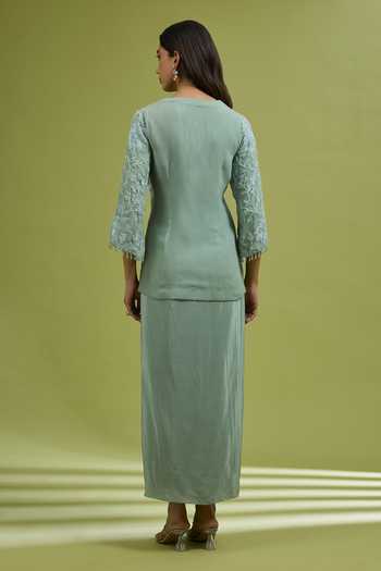 Shop_Ewoke_Green Georgette, Satin V-neck Embroidered Jacket Draped Skirt Set _at_Aza_Fashions