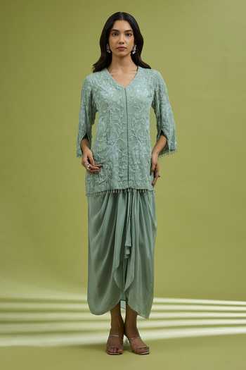 Ewoke_Green Georgette, Satin V-neck Embroidered Jacket Draped Skirt Set _Online_at_Aza_Fashions