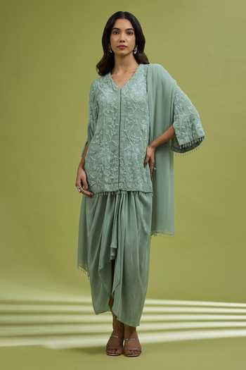 Buy_Ewoke_Green Georgette, Satin V-neck Embroidered Jacket Draped Skirt Set _at_Aza_Fashions