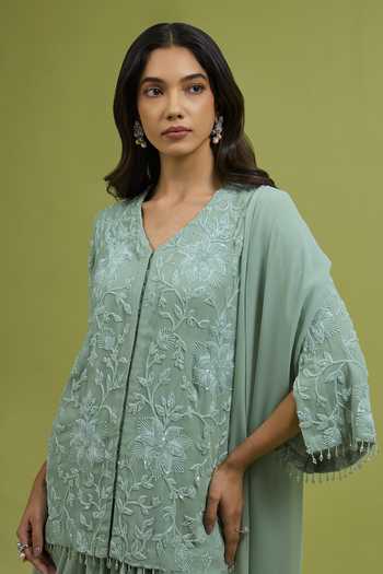 Buy_Ewoke_Green Georgette, Satin V-neck Embroidered Jacket Draped Skirt Set _Online_at_Aza_Fashions