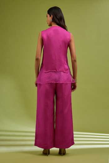 Shop_Ewoke_Pink Organza V-neck Embroidered Top And Palazzo Set _at_Aza_Fashions