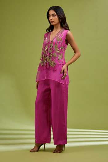 Buy_Ewoke_Pink Organza V-neck Embroidered Top And Palazzo Set _Online_at_Aza_Fashions