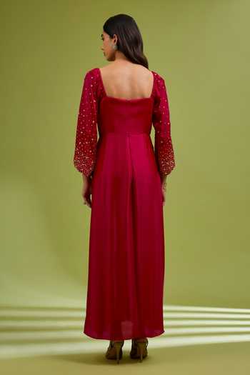 Shop_Ewoke_Red Georgette, Satin Square Neck Hand Embroidered Dress _at_Aza_Fashions