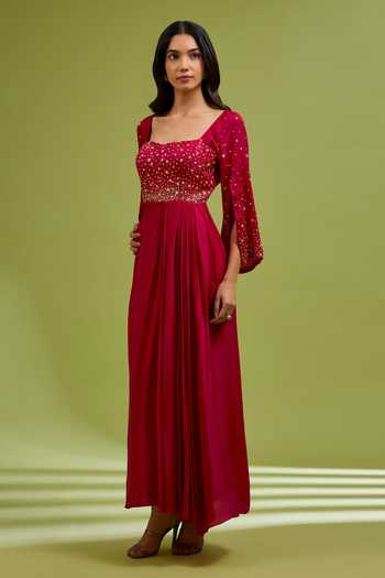 Ewoke_Red Georgette, Satin Square Neck Hand Embroidered Dress _Online_at_Aza_Fashions