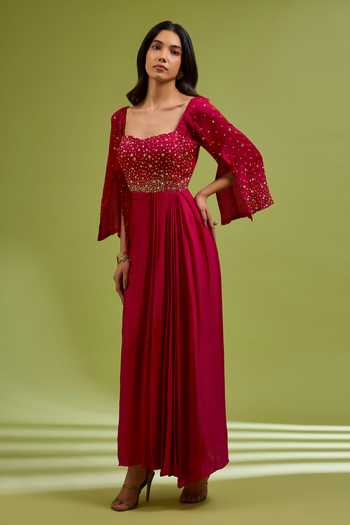 Buy_Ewoke_Red Georgette, Satin Square Neck Hand Embroidered Dress _at_Aza_Fashions