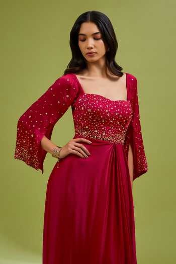 Buy_Ewoke_Red Georgette, Satin Square Neck Hand Embroidered Dress _Online_at_Aza_Fashions