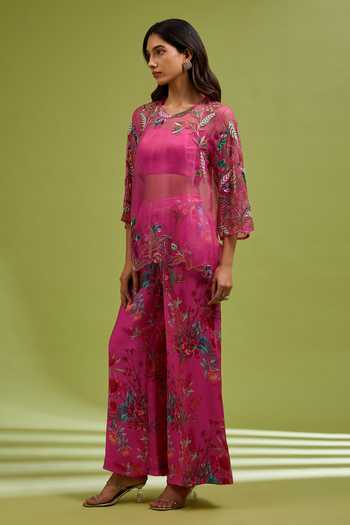 Ewoke_Magenta Organza Embroidery Round , Square Overlay And Pant Set _Online_at_Aza_Fashions