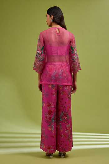 Shop_Ewoke_Magenta Organza Embroidery Round , Square Overlay And Pant Set _at_Aza_Fashions