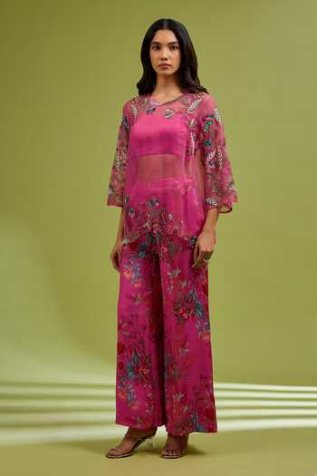 Buy_Ewoke_Magenta Organza Embroidery Round , Square Overlay And Pant Set _at_Aza_Fashions