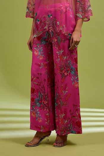 Shop_Ewoke_Magenta Organza Embroidery Round , Square Overlay And Pant Set _Online_at_Aza_Fashions