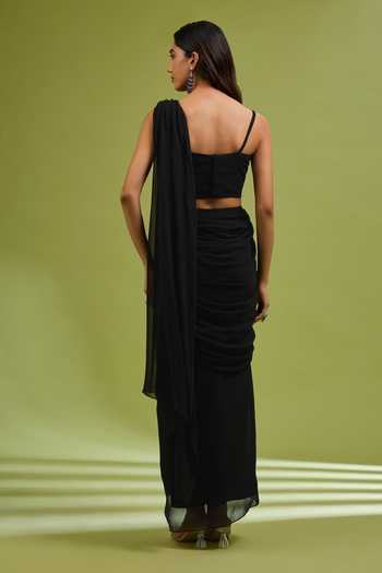 Shop_Ewoke_Black Georgette Pre Draped Saree Set With Embellished Blouse _at_Aza_Fashions