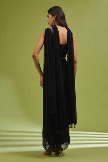 Ewoke_Black Georgette Pre Draped Saree Set With Embellished Blouse _Online_at_Aza_Fashions