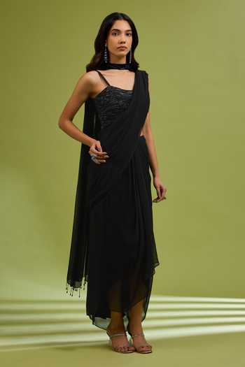 Buy_Ewoke_Black Georgette Pre Draped Saree Set With Embellished Blouse _Online_at_Aza_Fashions