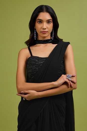 Shop_Ewoke_Black Georgette Pre Draped Saree Set With Embellished Blouse _Online_at_Aza_Fashions
