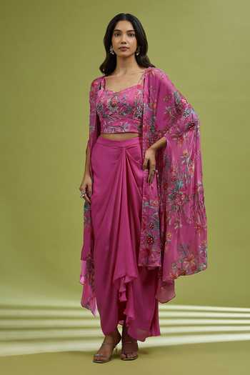 Buy_Ewoke_Pink Georgette, Satin Sweetheart Neck Printed Cape Skirt Set _at_Aza_Fashions