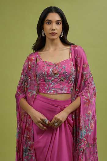 Ewoke_Pink Georgette, Satin Sweetheart Neck Printed Cape Skirt Set _Online_at_Aza_Fashions
