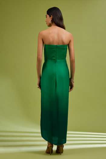 Ewoke_Emerald Green Georgette, Satin Sweetheart Neck Ombre Corset Dress With Dupatta _Online_at_Aza_Fashions