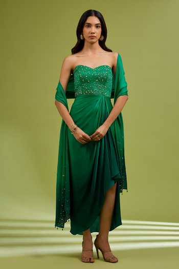 Buy_Ewoke_Emerald Green Georgette, Satin Sweetheart Neck Ombre Corset Dress With Dupatta _at_Aza_Fashions