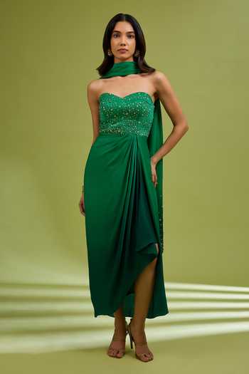Buy_Ewoke_Emerald Green Georgette, Satin Sweetheart Neck Ombre Corset Dress With Dupatta _Online_at_Aza_Fashions