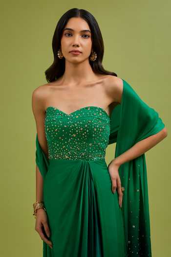 Shop_Ewoke_Emerald Green Georgette, Satin Sweetheart Neck Ombre Corset Dress With Dupatta _Online_at_Aza_Fashions