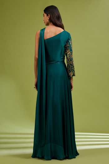 Ewoke_Green Georgette, Satin Sequins, Beads, Crystals One Shoulder Embroidered Gown _Online_at_Aza_Fashions