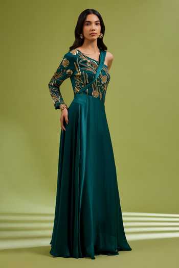 Buy_Ewoke_Green Georgette, Satin Sequins, Beads, Crystals One Shoulder Embroidered Gown _Online_at_Aza_Fashions