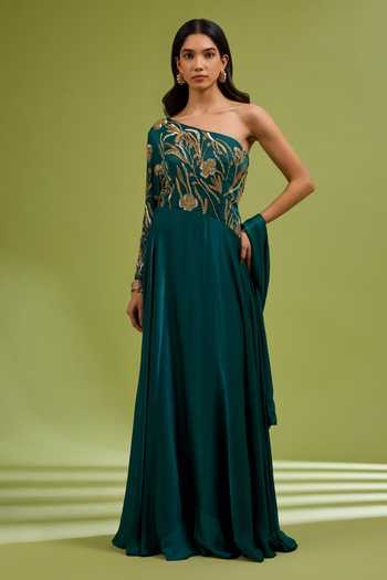Shop_Ewoke_Green Georgette, Satin Sequins, Beads, Crystals One Shoulder Embroidered Gown _Online_at_Aza_Fashions
