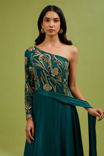 Ewoke_Green Georgette, Satin Sequins, Beads, Crystals One Shoulder Embroidered Gown _at_Aza_Fashions