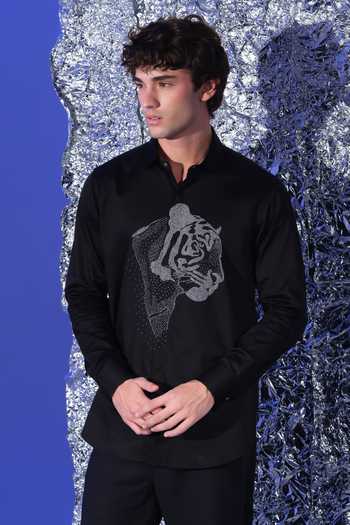 Sanjana Reddy Designs_Black Cotton Tiger Face Embroidered Shirt _Online_at_Aza_Fashions