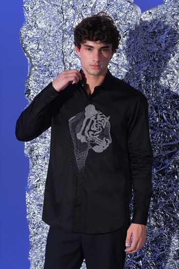 Buy_Sanjana Reddy Designs_Black Cotton Tiger Face Embroidered Shirt _at_Aza_Fashions