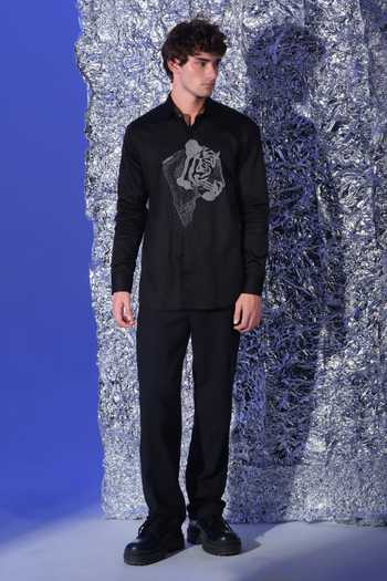 Shop_Sanjana Reddy Designs_Black Cotton Tiger Face Embroidered Shirt _at_Aza_Fashions