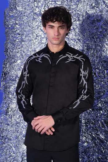 Buy_Sanjana Reddy Designs_Black Cotton Gothik Embroidered Shirt _at_Aza_Fashions