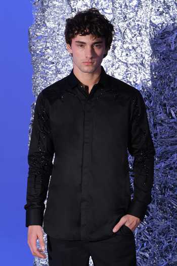 Buy_Sanjana Reddy Designs_Black Cotton Hand Embroidered Shirt _at_Aza_Fashions