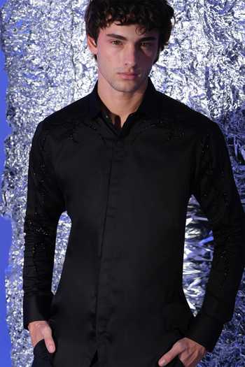 Shop_Sanjana Reddy Designs_Black Cotton Hand Embroidered Shirt _at_Aza_Fashions